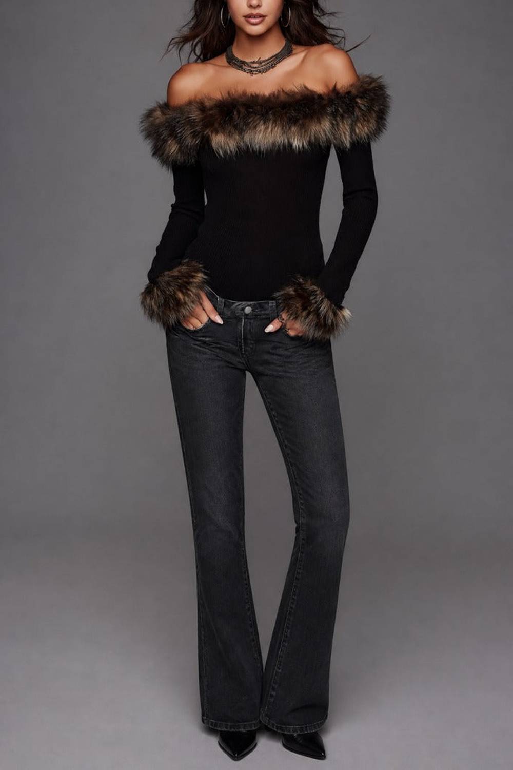 Off Shoulder Faux Fur Trim Long Sleeve Rib Knit Top