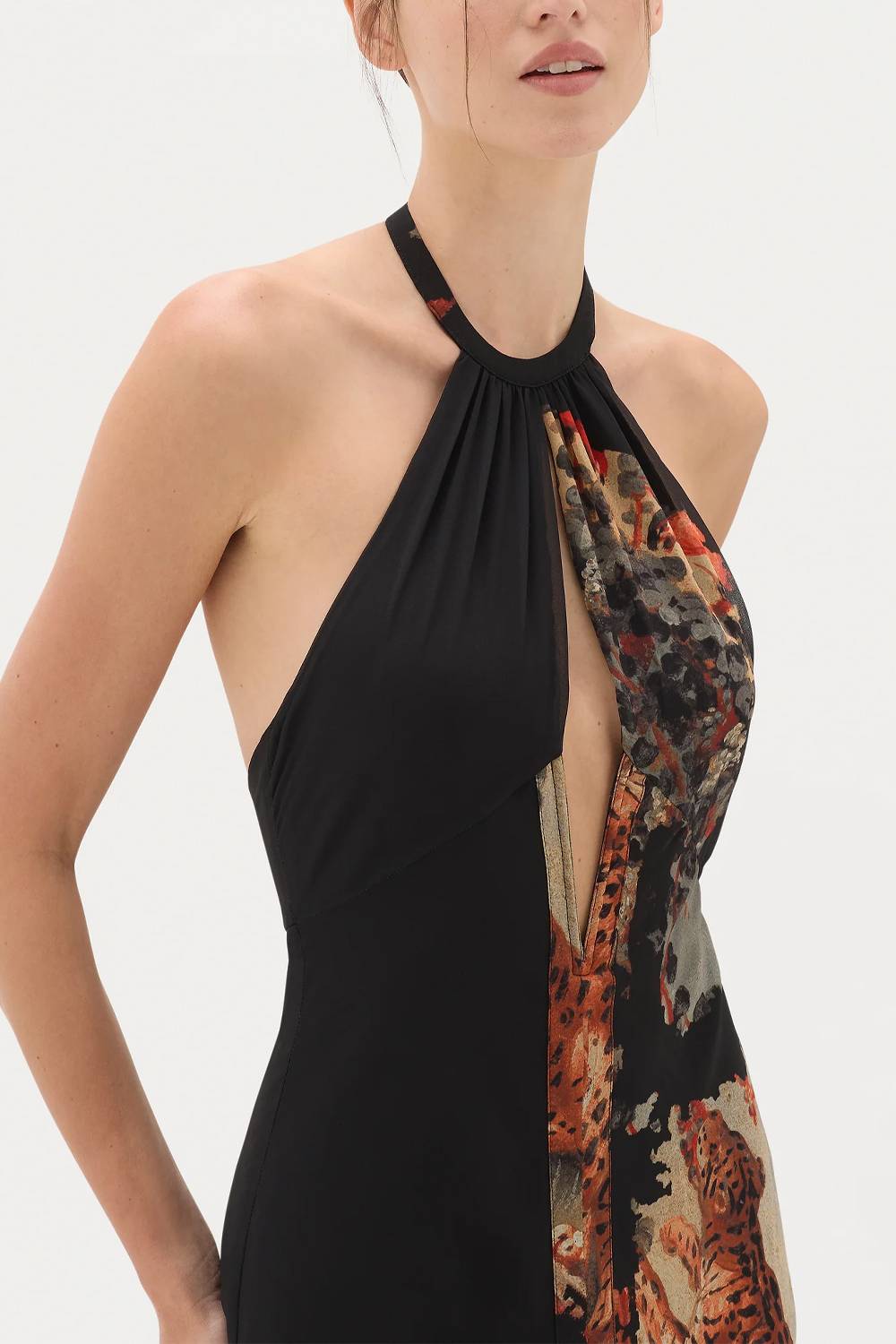 Halter Cutout Maxi Dress Leopard Floral Print Mermaid Long Dress
