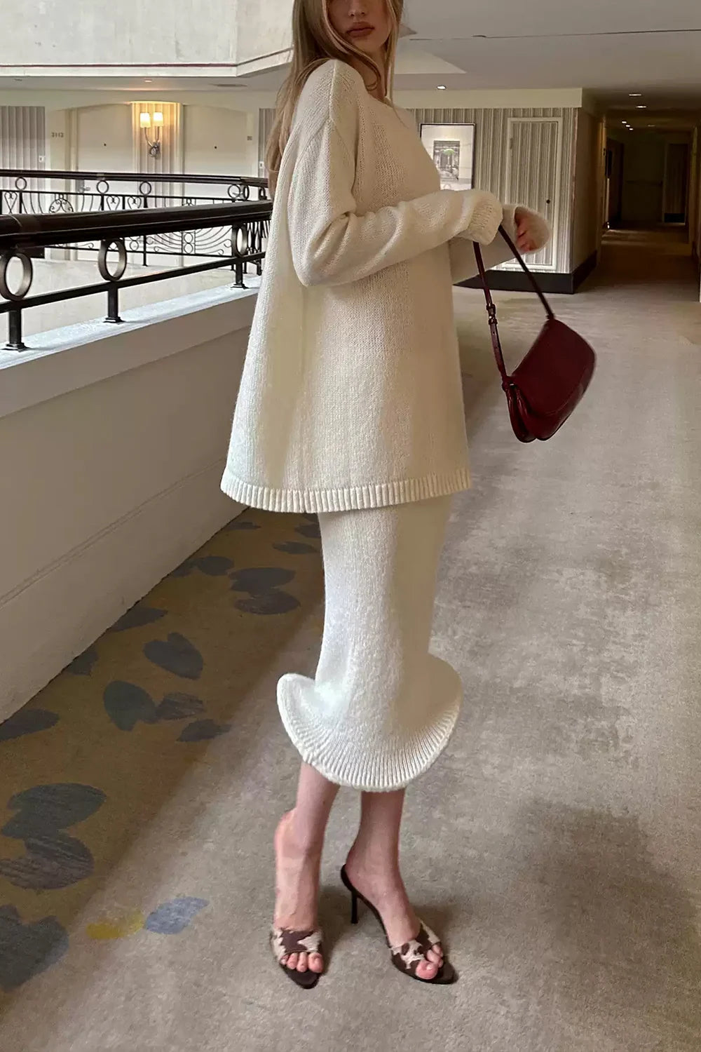 Cream Ribbed Knit Crewneck Sweater and Ruffle Hem Midi Skirt Two Piece Set