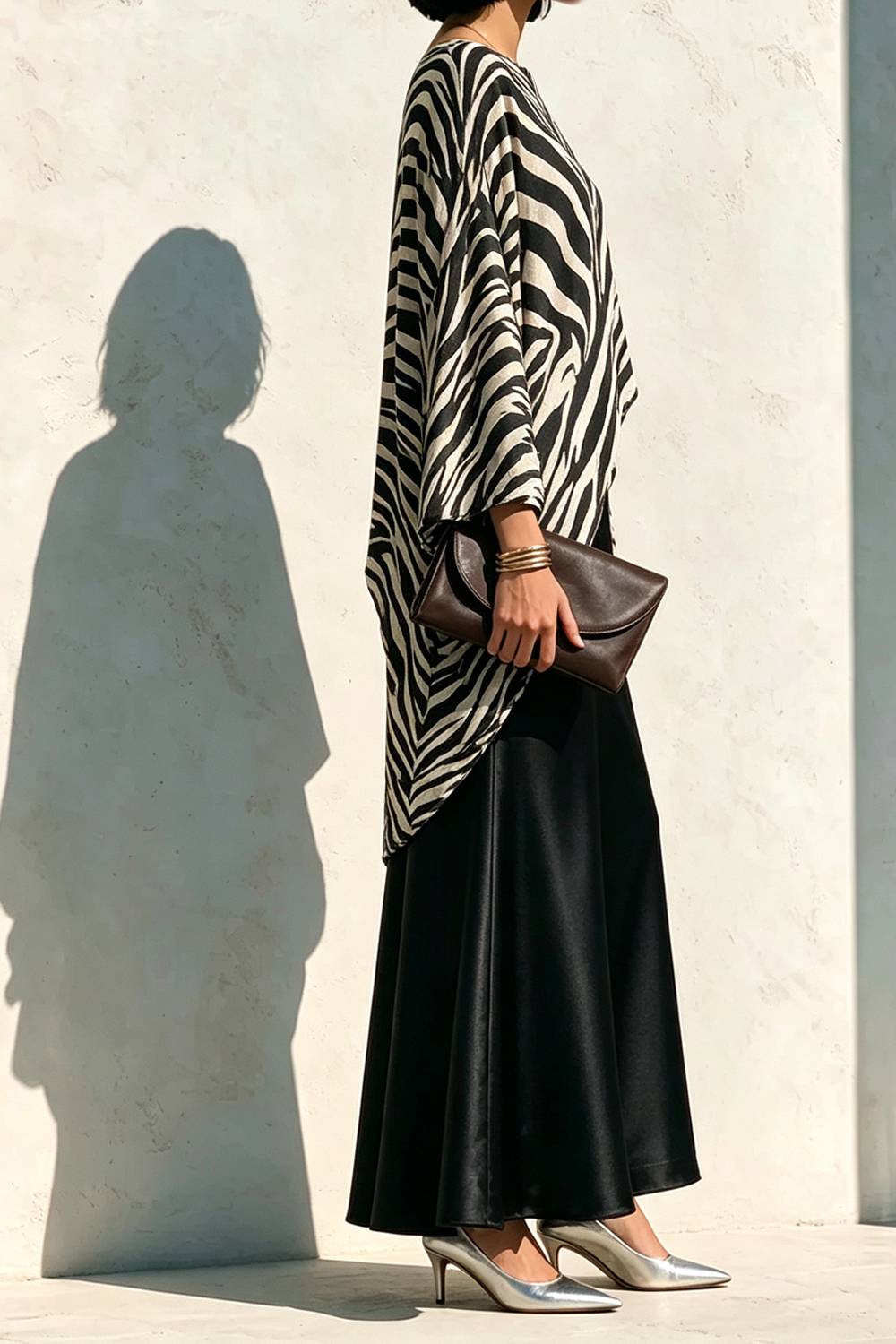 Zebra Print Batwing Top Satin Maxi Skirt Set