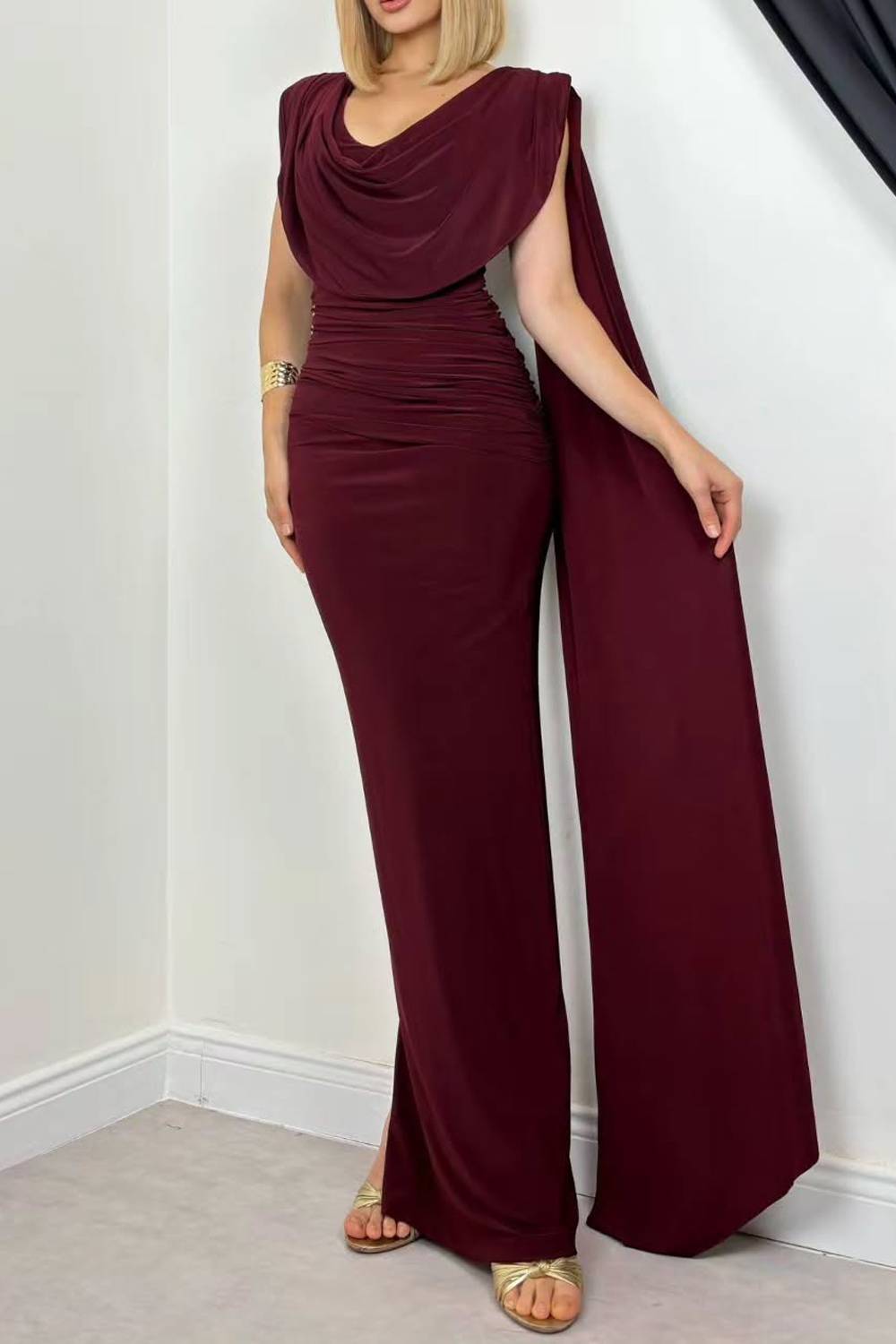Cowl Neck Sleeveless Draped Ruched Maxi Dress With Cape Detail