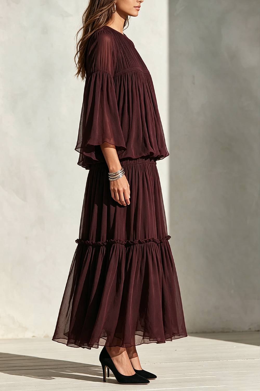 Bohemian Pleated Flared Sleeve Top With Layered Long Skirt Set