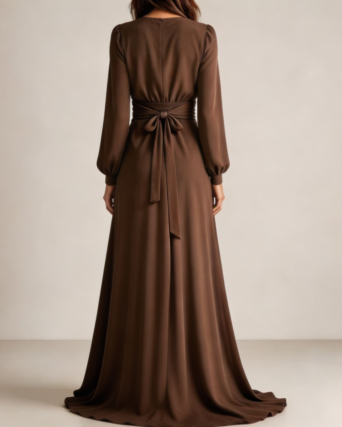 Chocolate Brown Satin Asymmetric Ruffle Hem Maxi Dress With Floral Contrast
