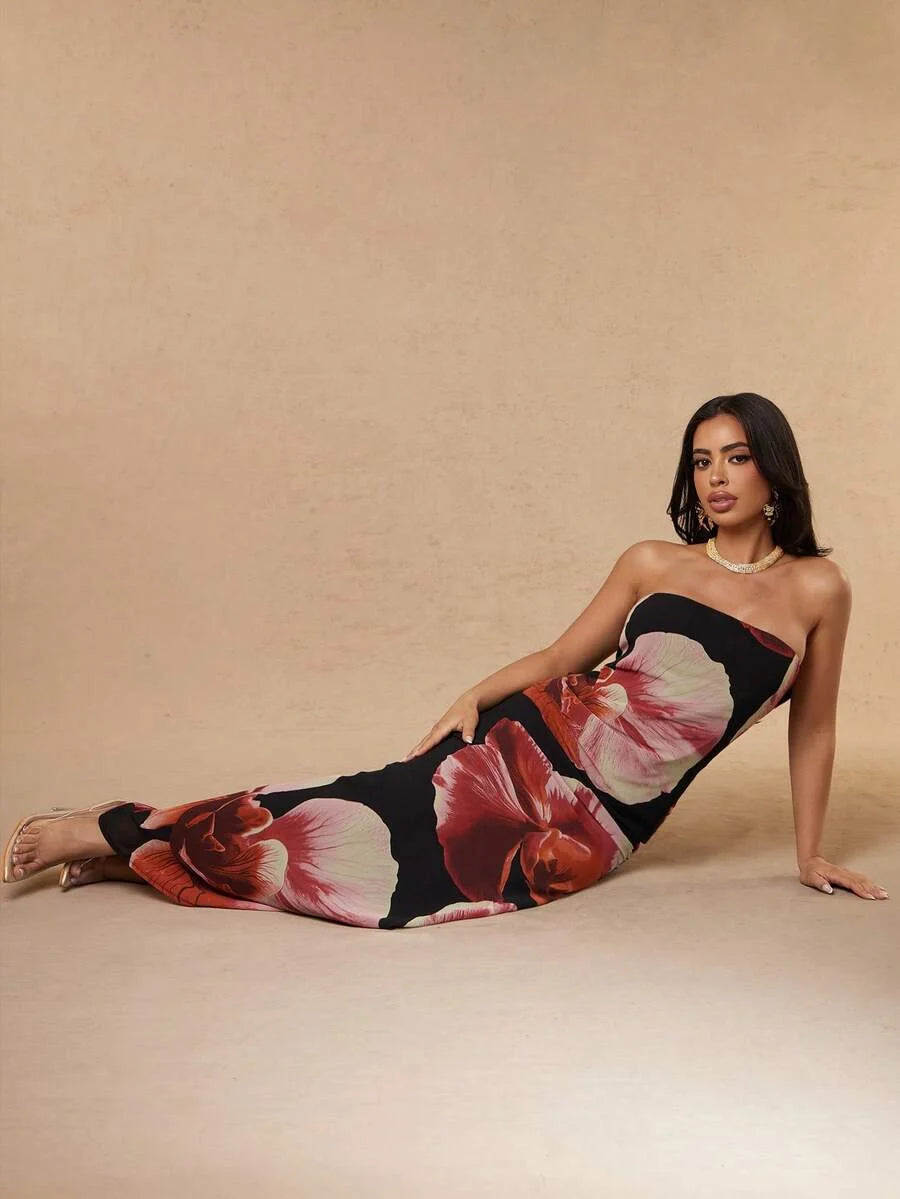 Strapless Floral Print Slim Fit Tube Column Maxi Dress