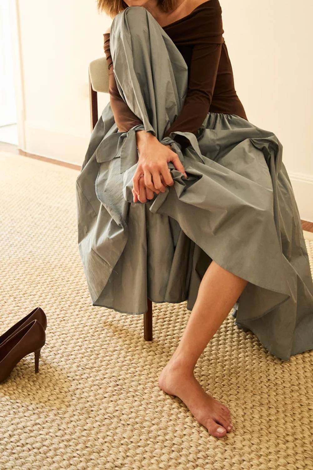 Off Shoulder Long Sleeve Color Block Midi Dress