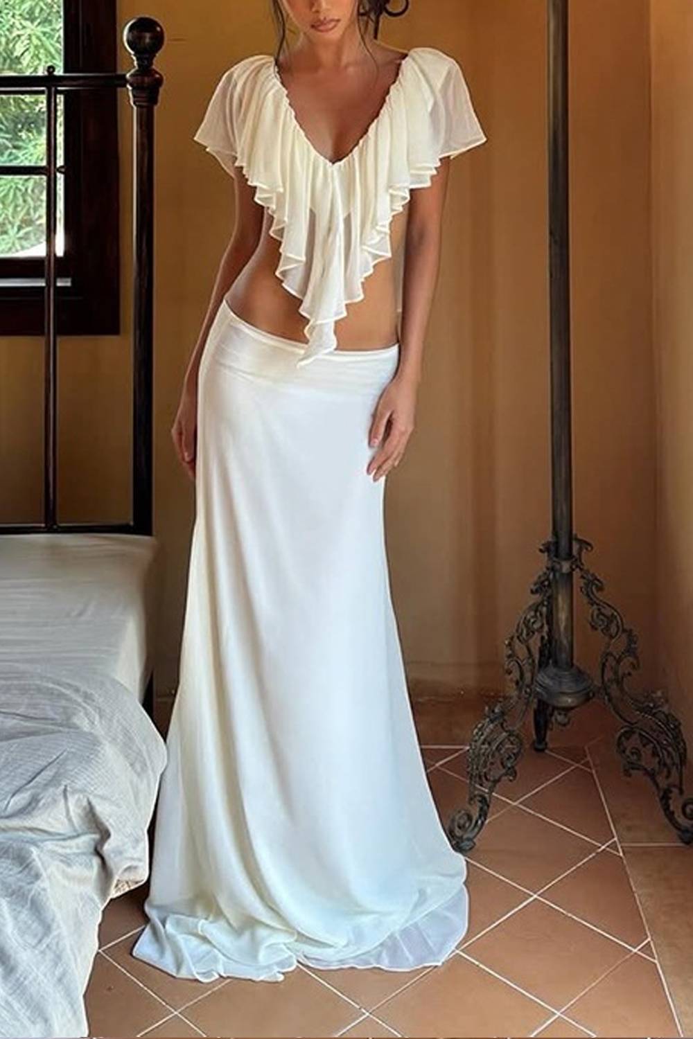 V‑Neck Ruffle Cut‑Out Top & Train Mermaid Maxi Skirt Two‑Piece Set