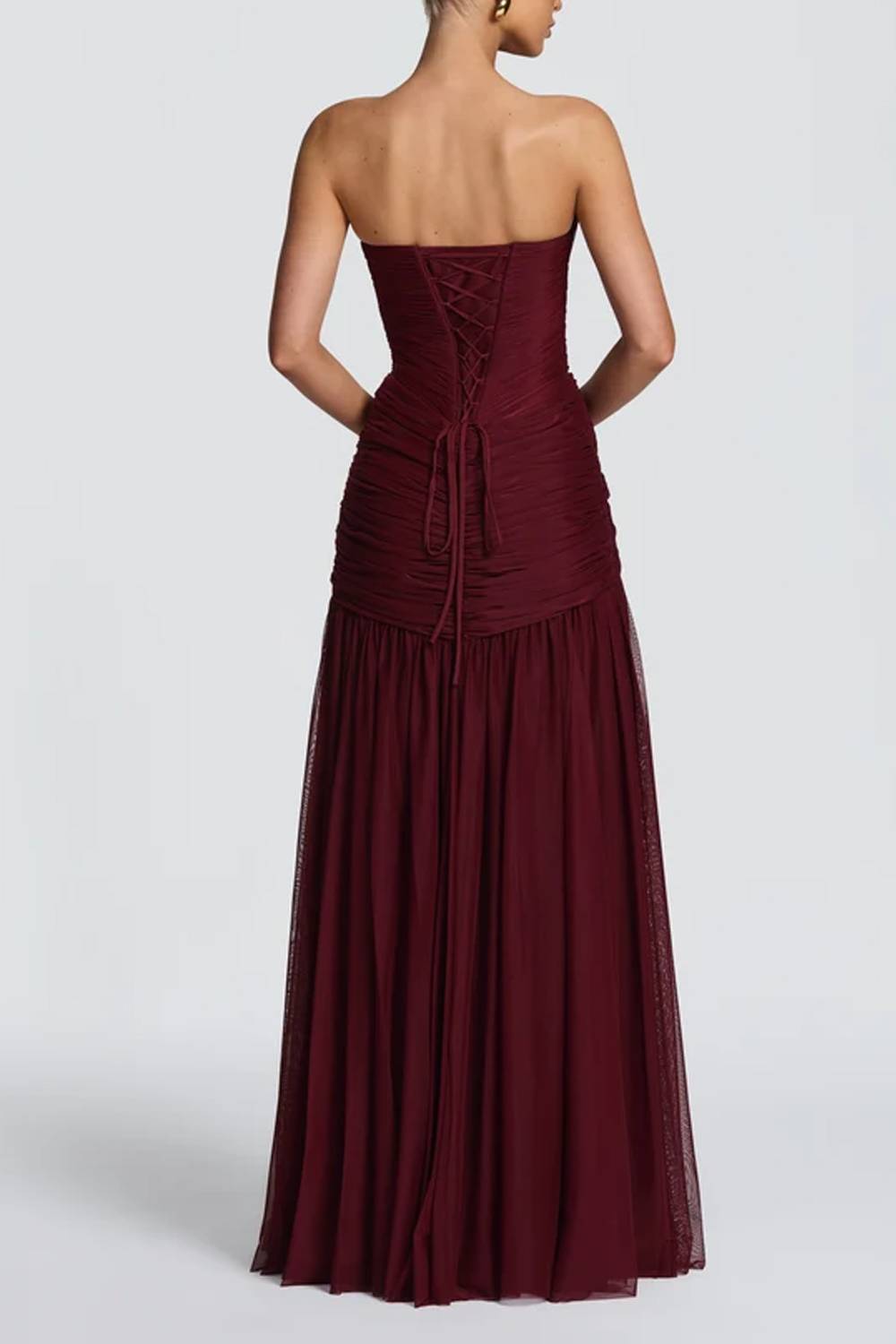 Strapless Deep‑V Ruched Waist Tulle Flowy Maxi Evening Gown