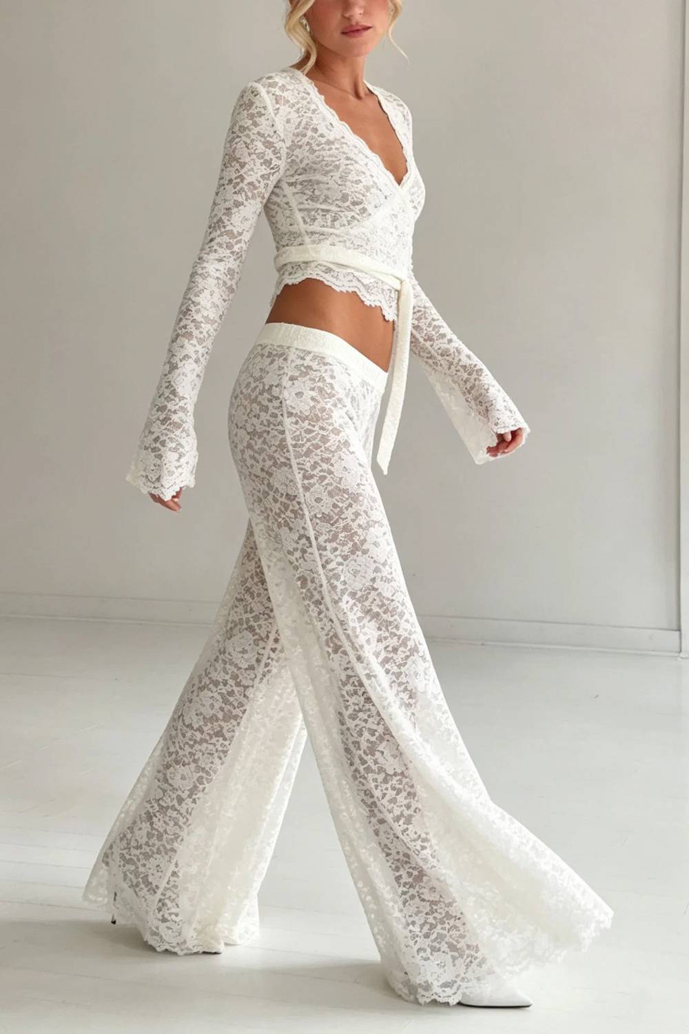 Long‑Sleeve Wrap Lace Crop Top & Flare Pants Two‑Piece Set
