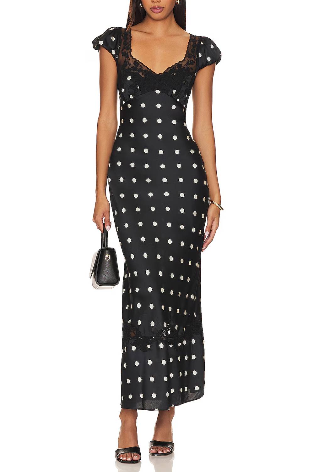 V-Neck Lace Stitching Puff Sleeve Dot Dress