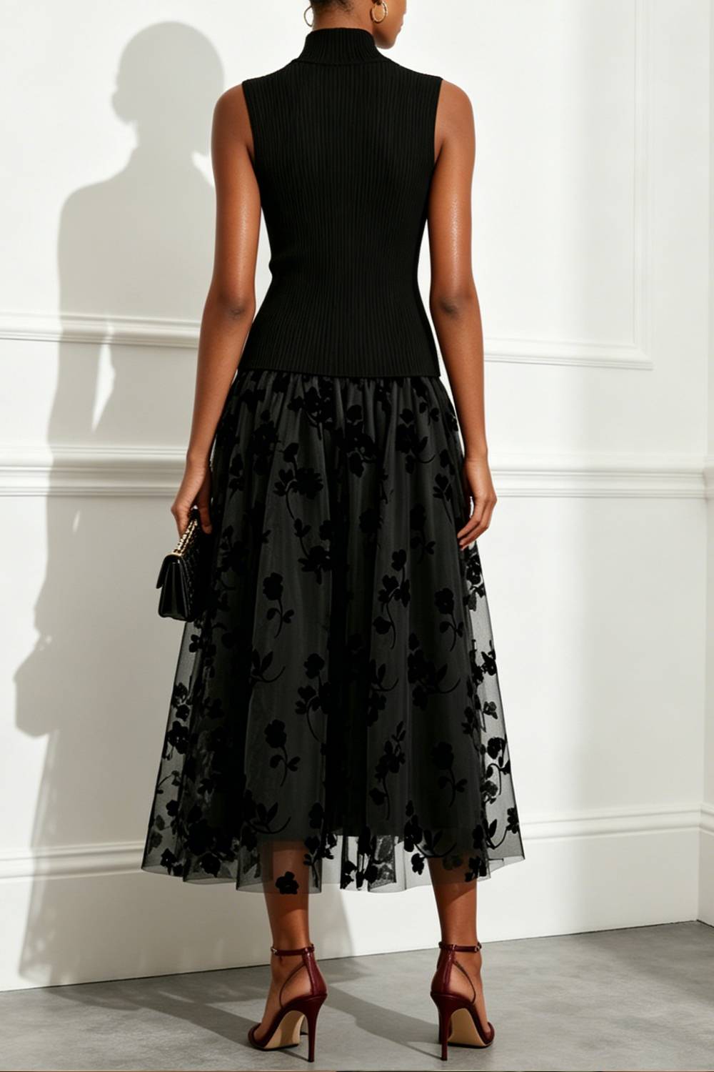 Mock Neck Sleeveless Contrast Floral Tulle Midi Dress