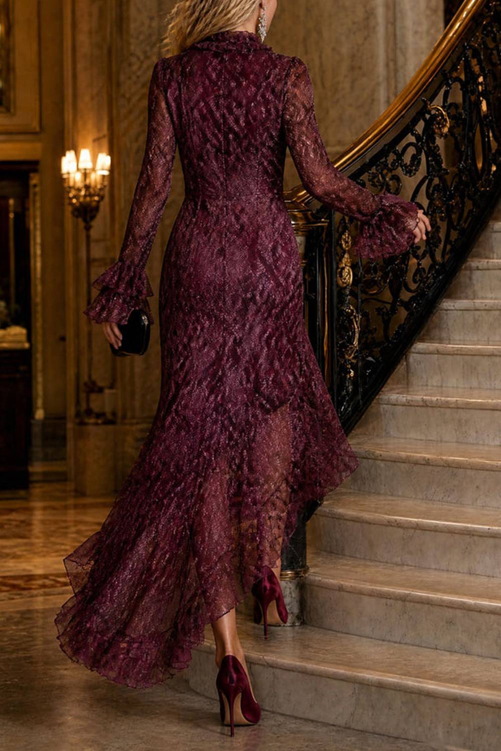 Snake Print Ruffle V‑Neck Long Sleeve Flowy Maxi Dress