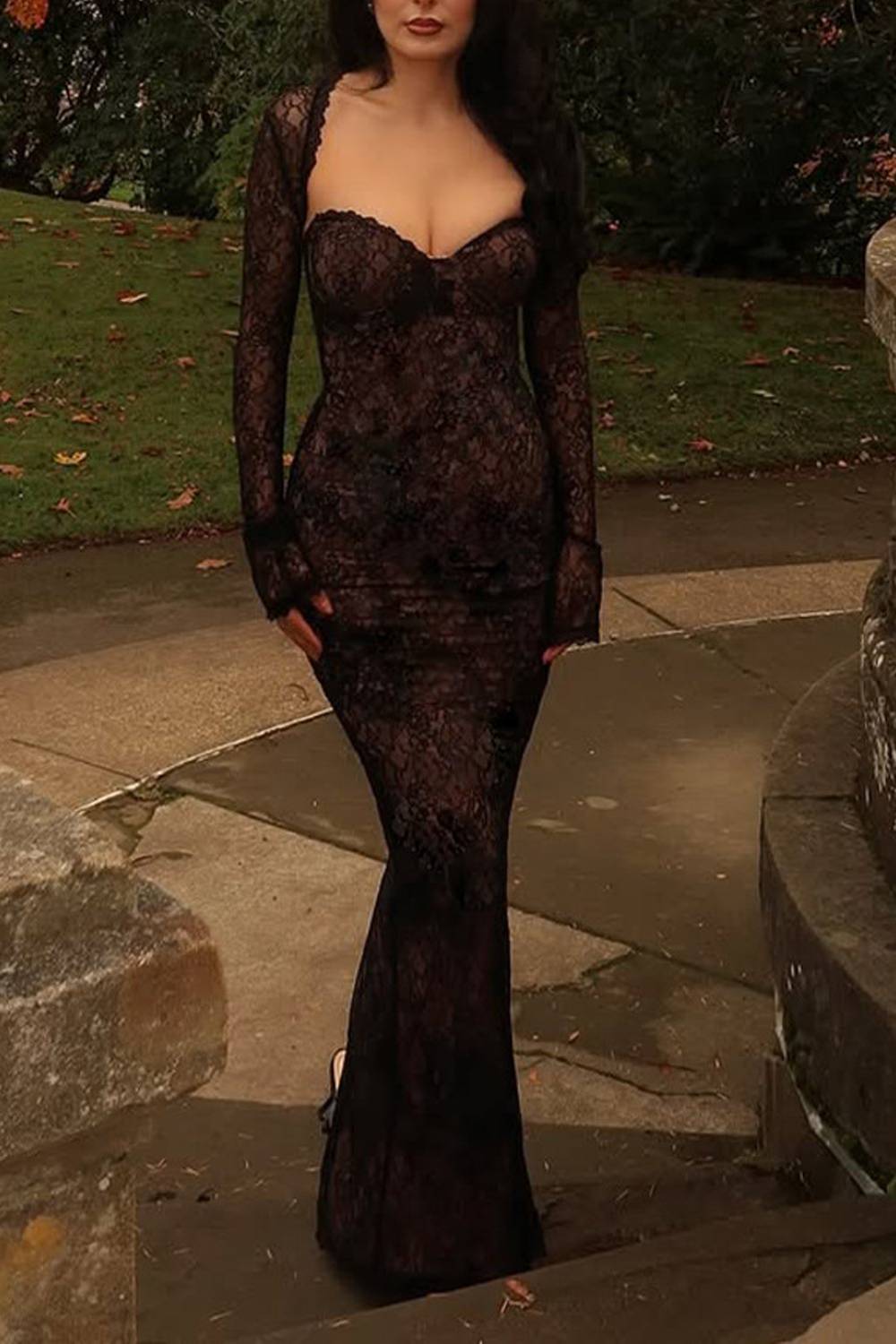 Sweetheart Bustier Mermaid Maxi Dress With Detachable Long Lace Sleeves