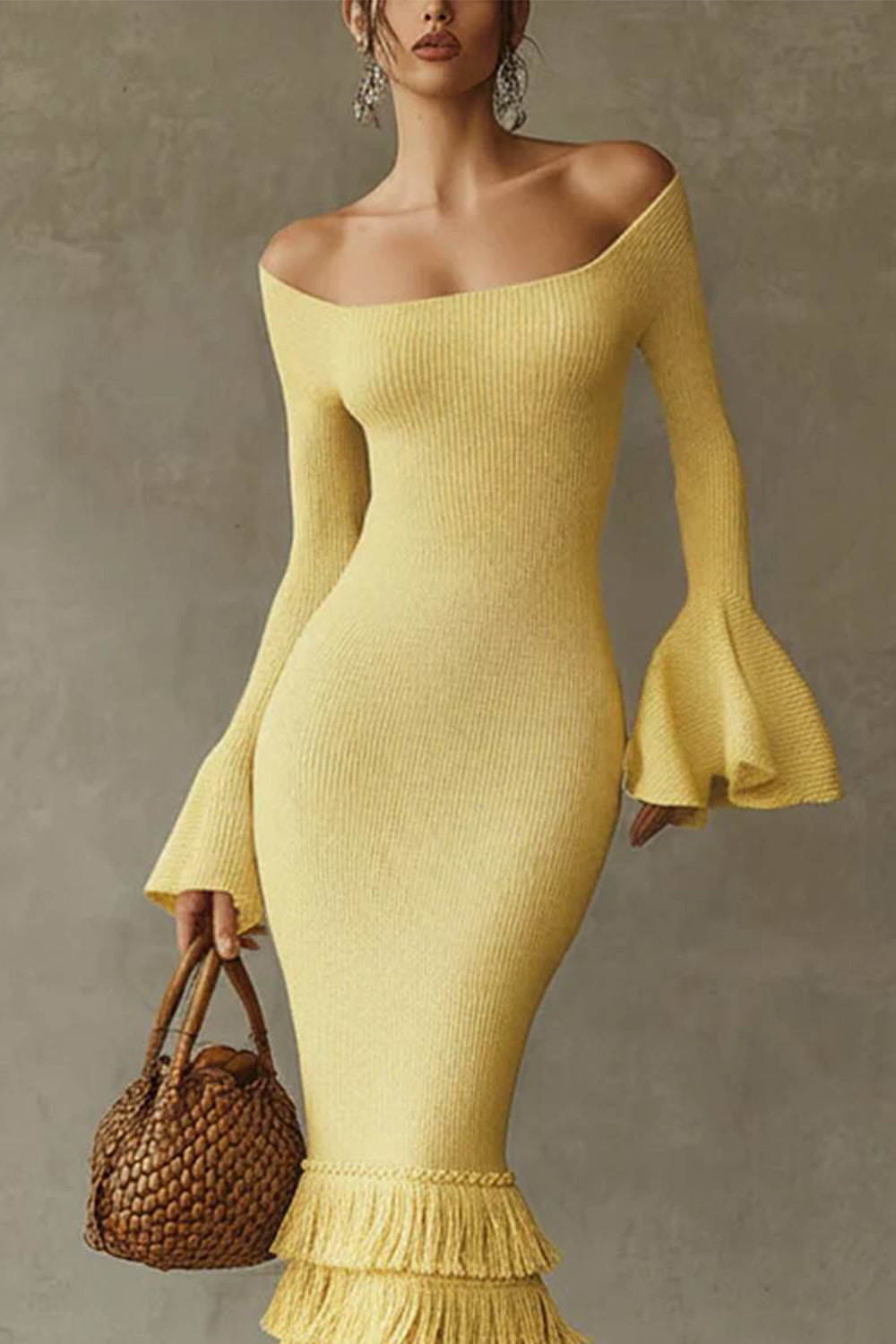 Off-shoulder Bell-sleeve Multi-layer Fringed Knit Dress