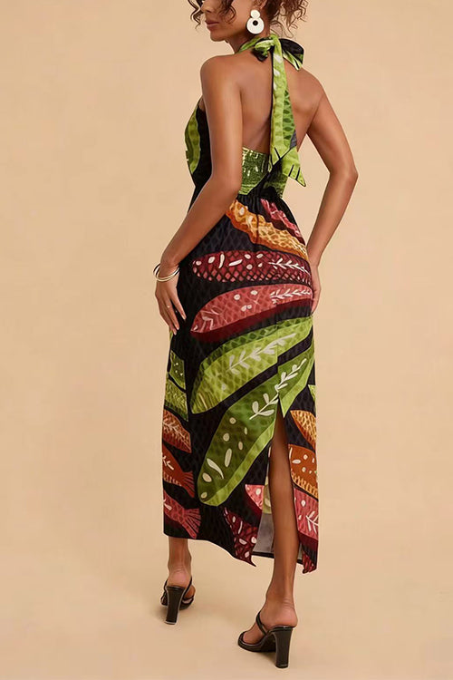 Tropical Leaf Print Halter Neck Midi Dress Women Sleeveless Wrap Summer Maxi Dress