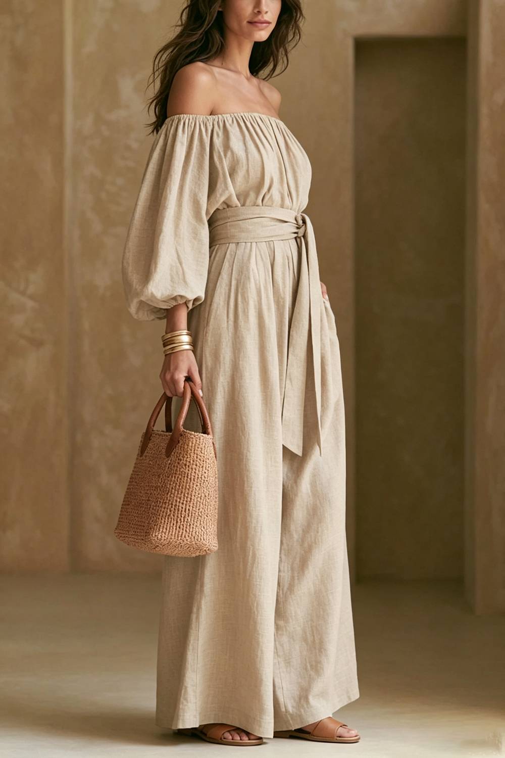 Off-shoulder Puff-sleeve Lace-up Wide-leg Jumpsuit