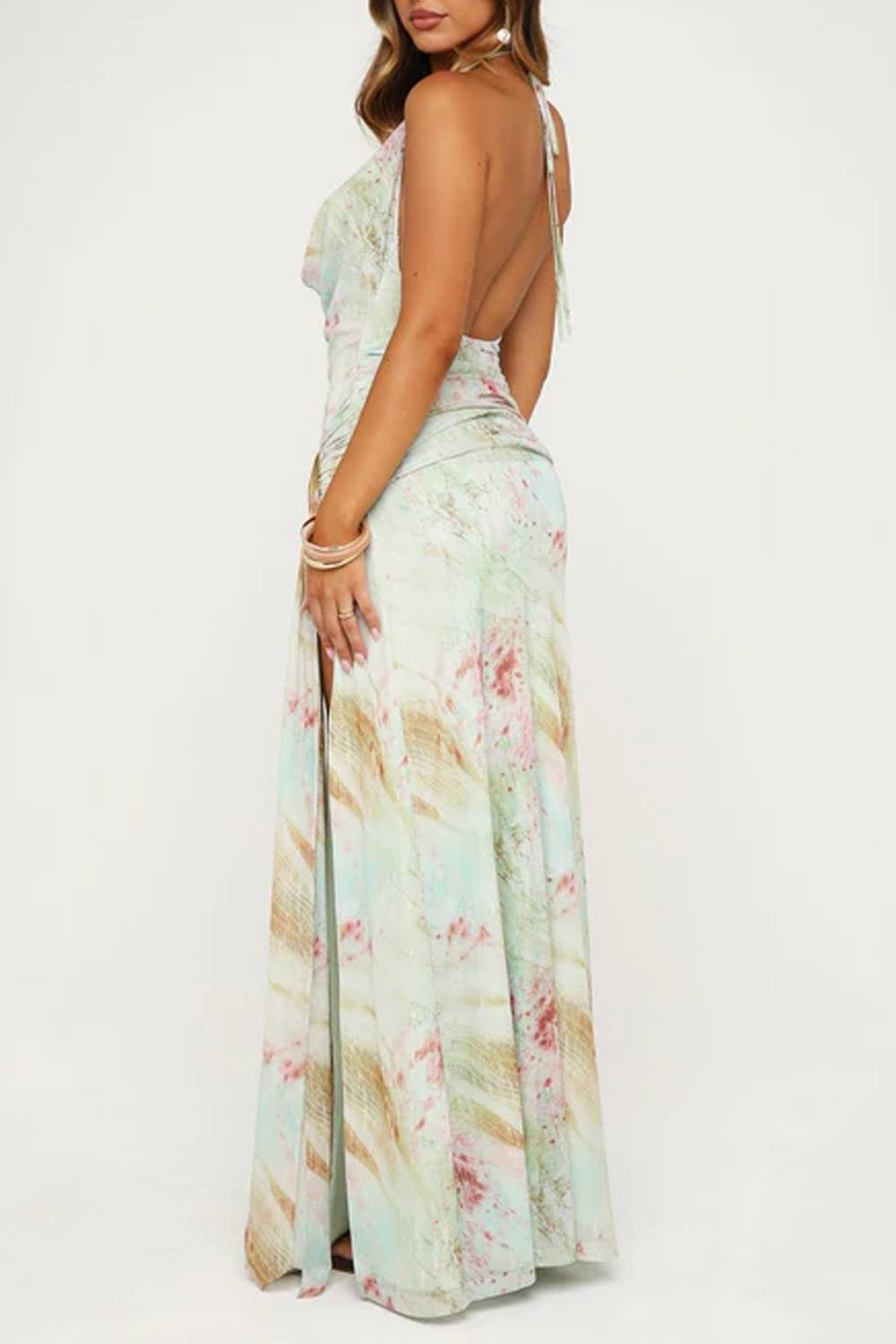 Vacation-style backless high-slit printed maxi dress