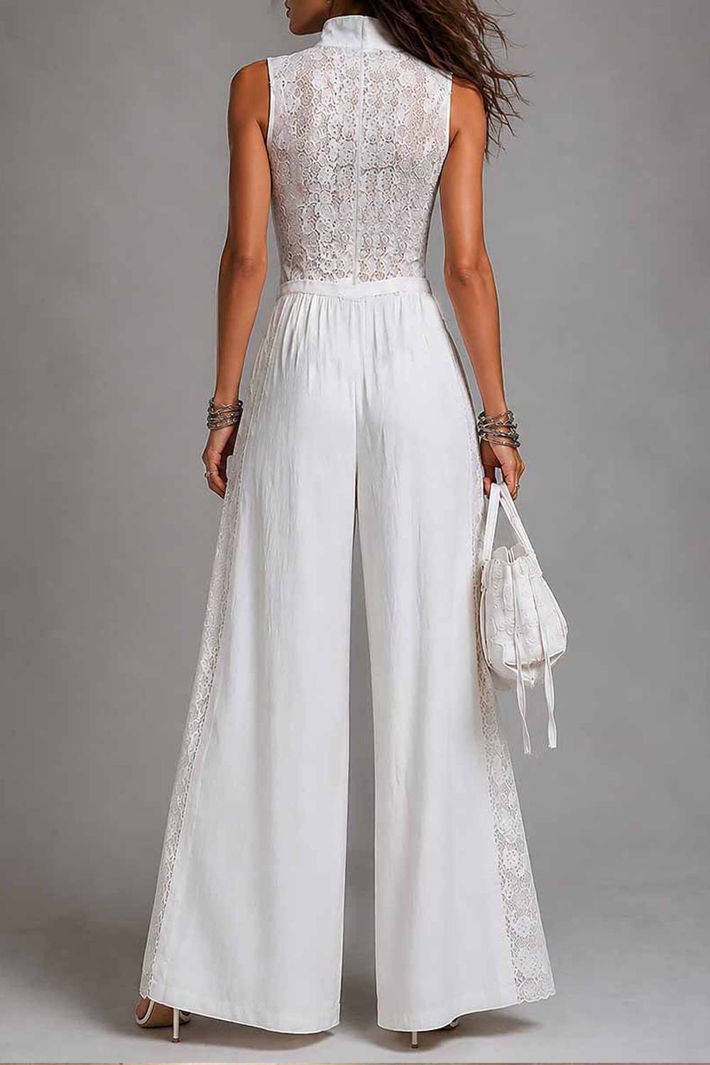 Sleeveless Zip‑Front Lace Spliced Wide Leg Jumpsuit
