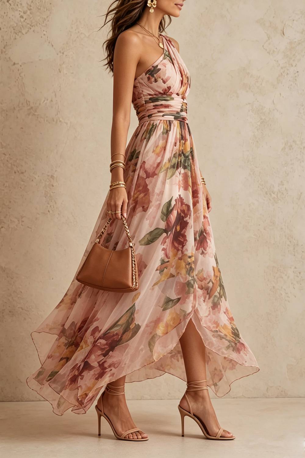 One-Shoulder Tight-Waist Irregular Print Long Dress