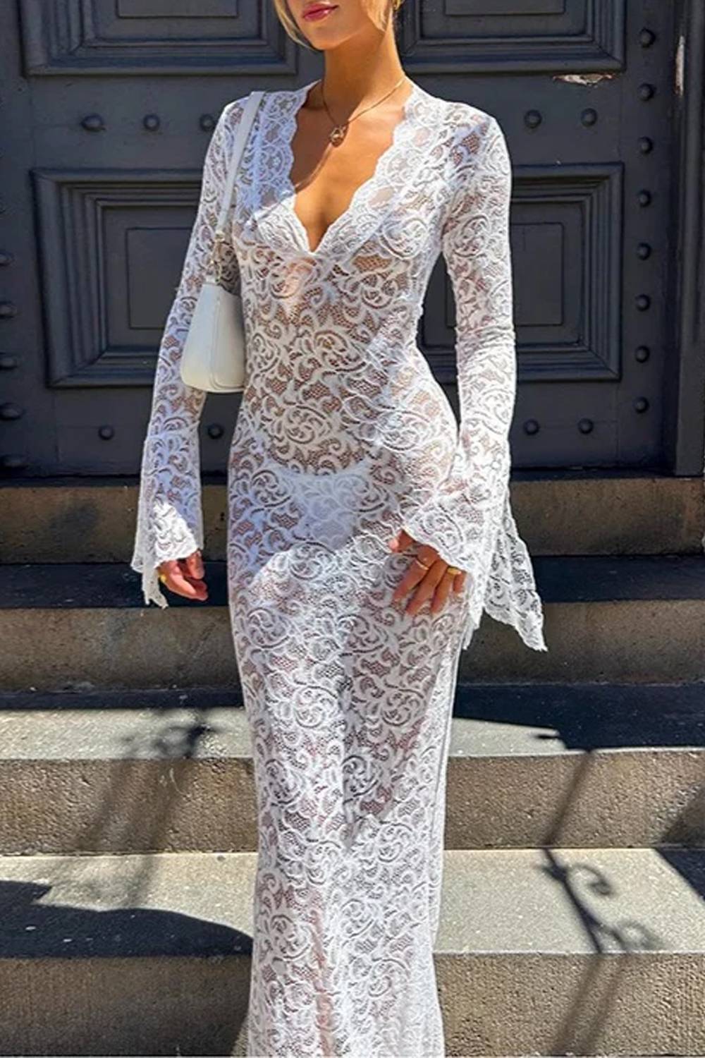 V‑Neck Long Bell Sleeve Lace Sheer Maxi Dress