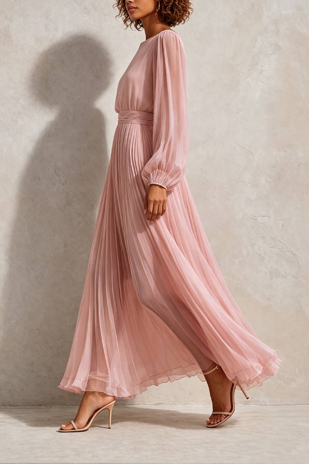 Long Sleeve Pleated Flowy Maxi Dress