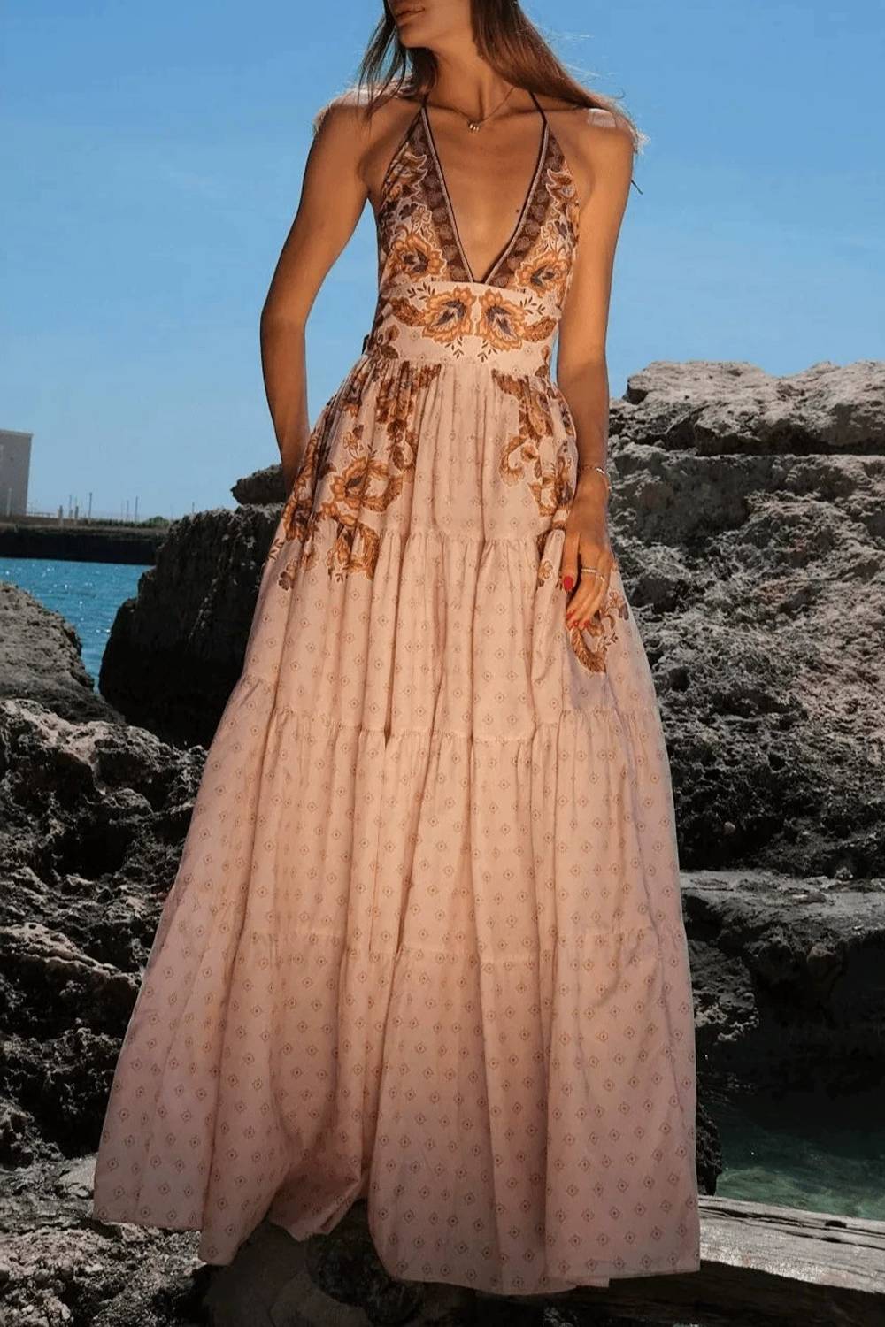 Bohemian V-neck Floral Print Long Dress