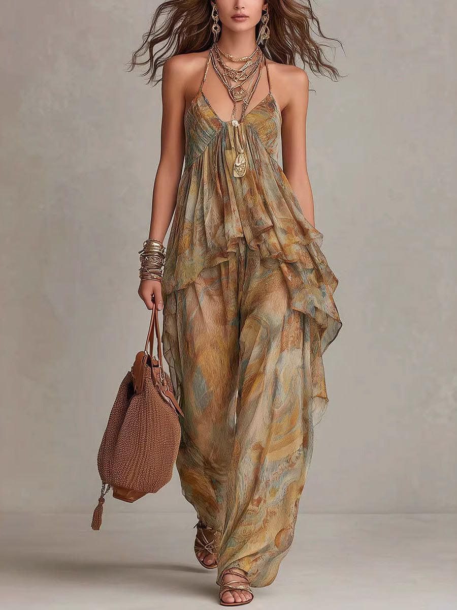 Boho Printed Halter Top Wide Leg Pants Set