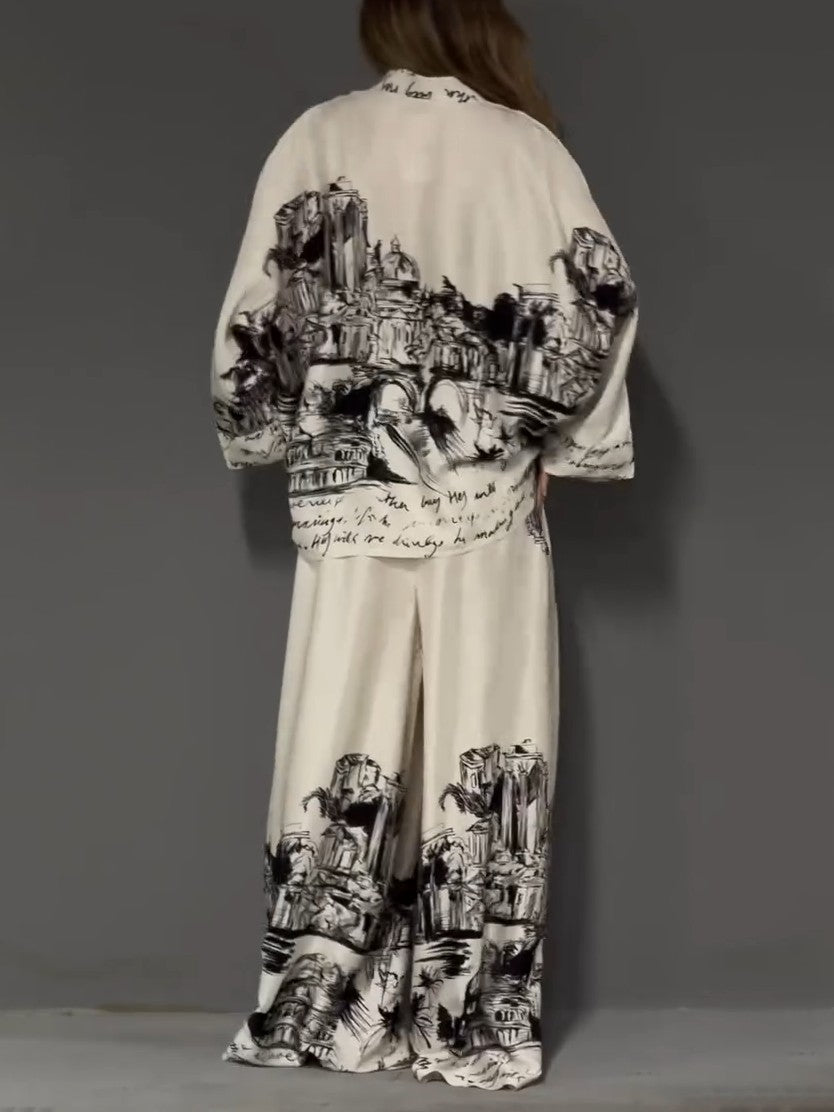 Architectural Print Satin Wide-Leg Pants