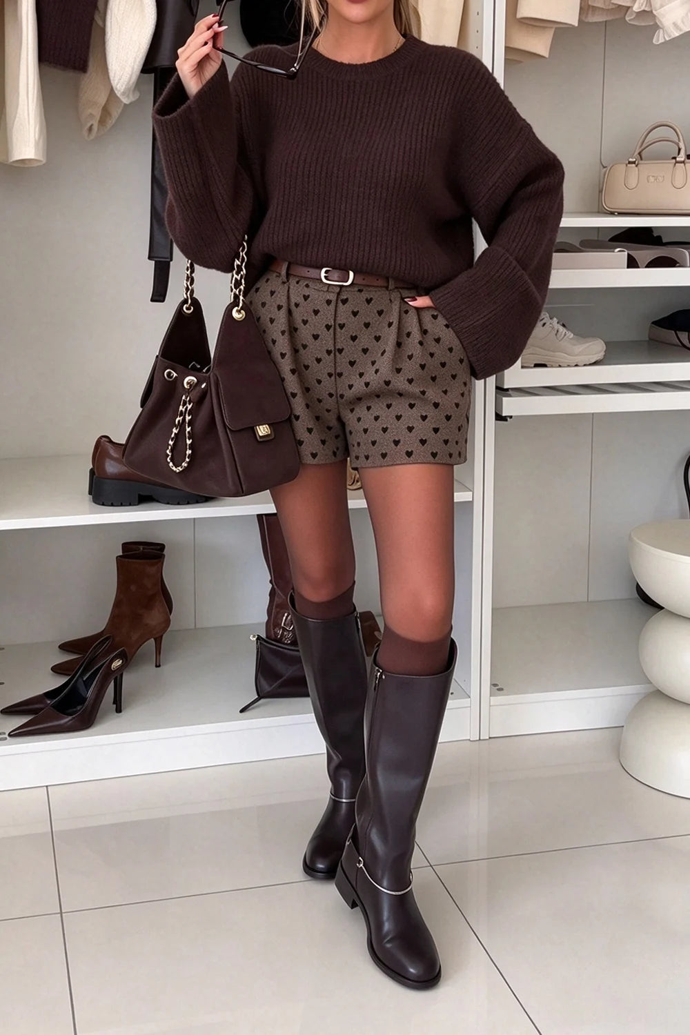 Women's Grey Ribbed Knit Sweater and Heart Print Shorts Two Piece Set