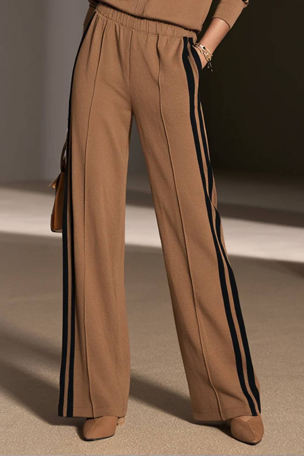 Stand Collar Button Front Side Stripe Top & Elastic Waist Wide Leg Pants Two Piece Set