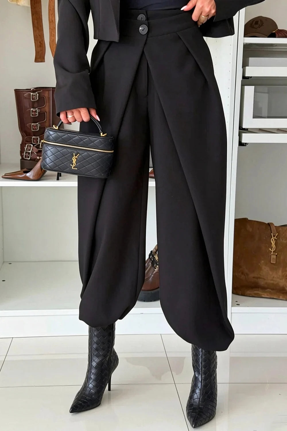 High-Waisted Asymmetric Double-Button Wide-Leg Trousers in Chocolate Brown