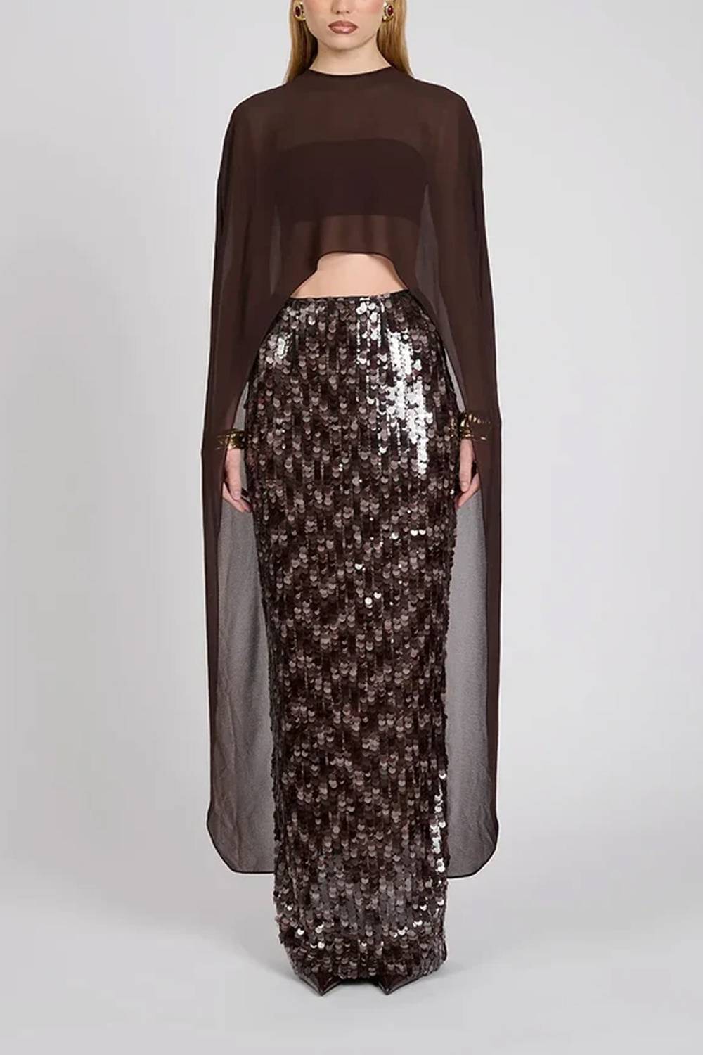 Women Cape Sleeve Sheer Top & Sequin Maxi Skirt Two Piece Set