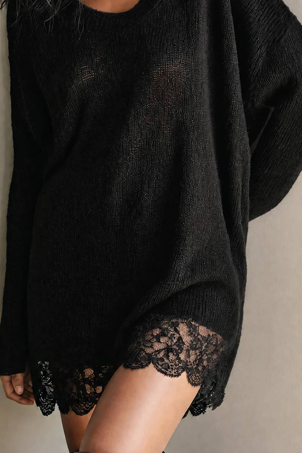 Oversized U-Neck Long Sleeve Knit Mini Dress With Lace Hem