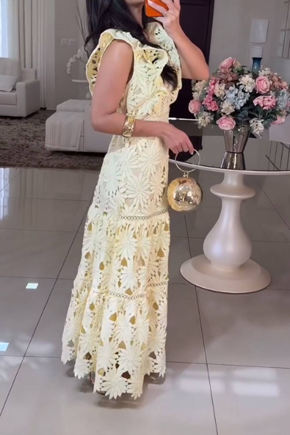 V Neck Sleeveless Ruffle Crochet Lace Tiered Maxi Dress