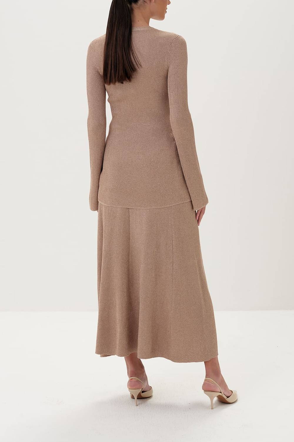 V Neck Button Front Flare Sleeve Knit Top & A Line Midi Skirt Two Piece Set