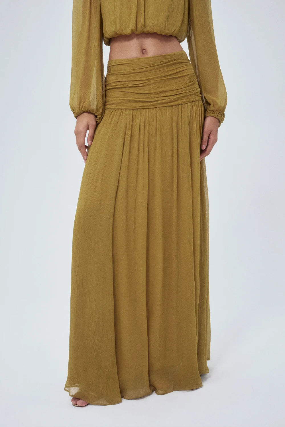 Olive Green Chiffon Long Sleeve Crop Top and Ruched Maxi Skirt Two Piece Set