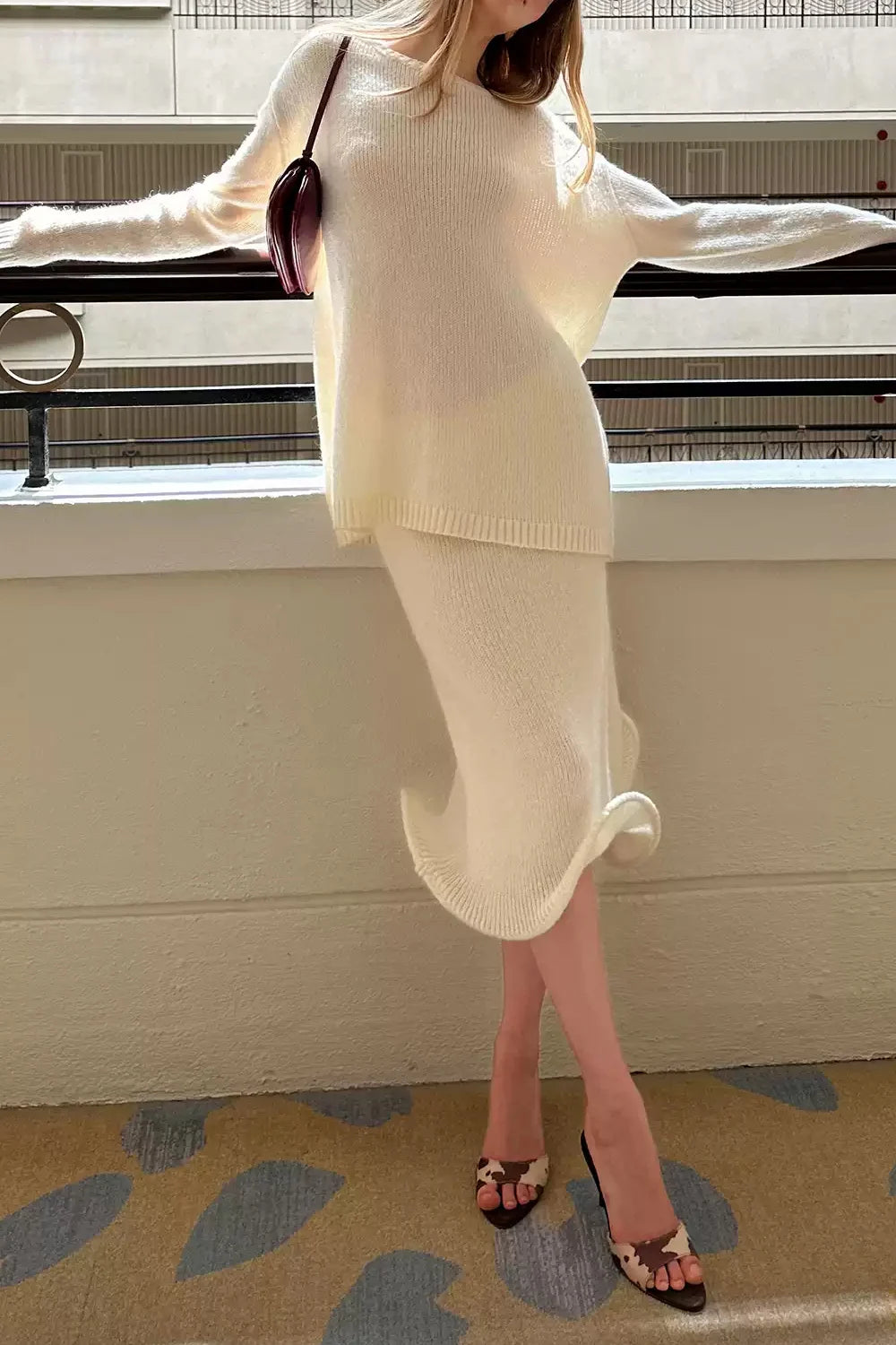Cream Ribbed Knit Crewneck Sweater and Ruffle Hem Midi Skirt Two Piece Set
