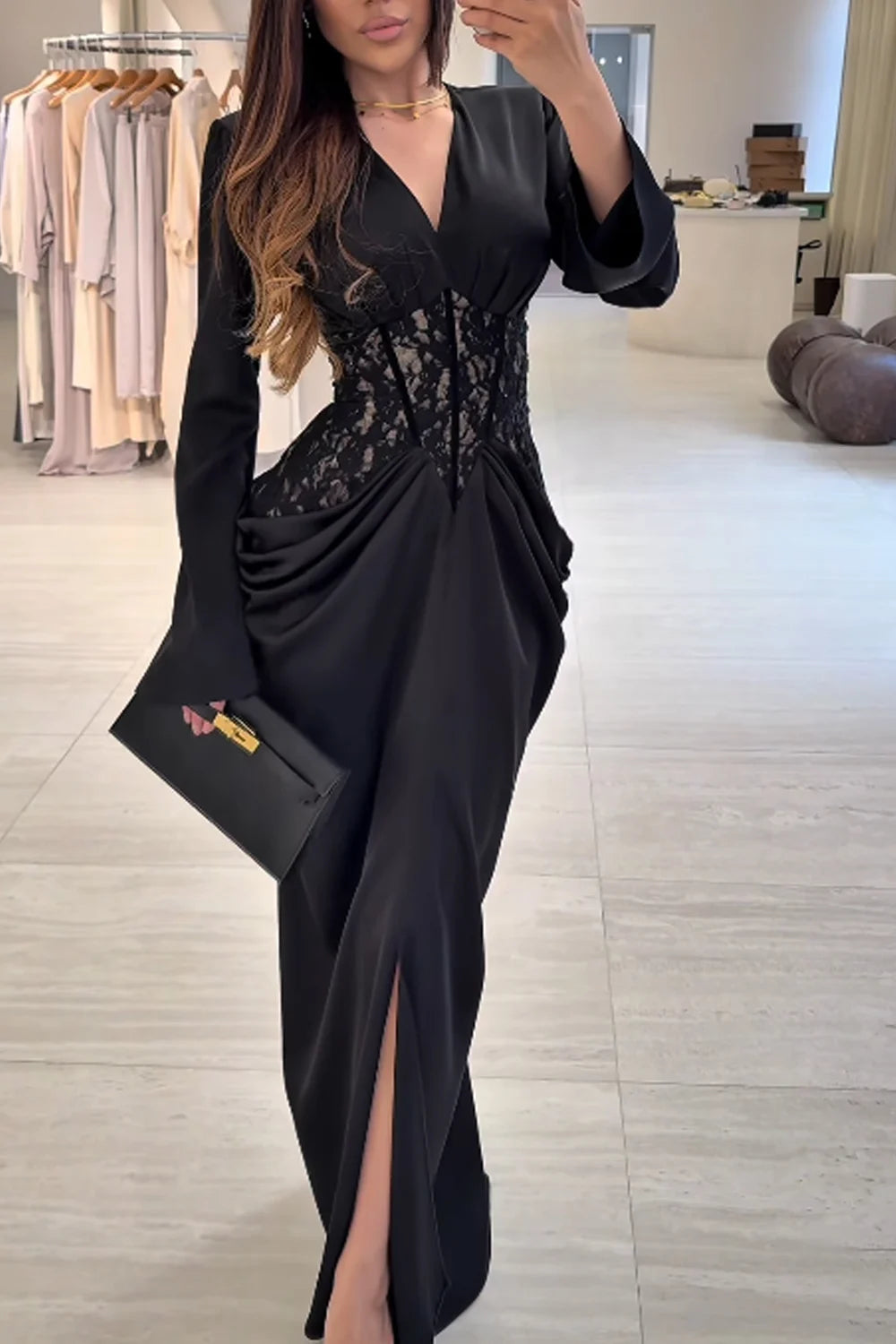 Black V-Neck Long Sleeve Lace Corset Draped Slit Maxi Dress