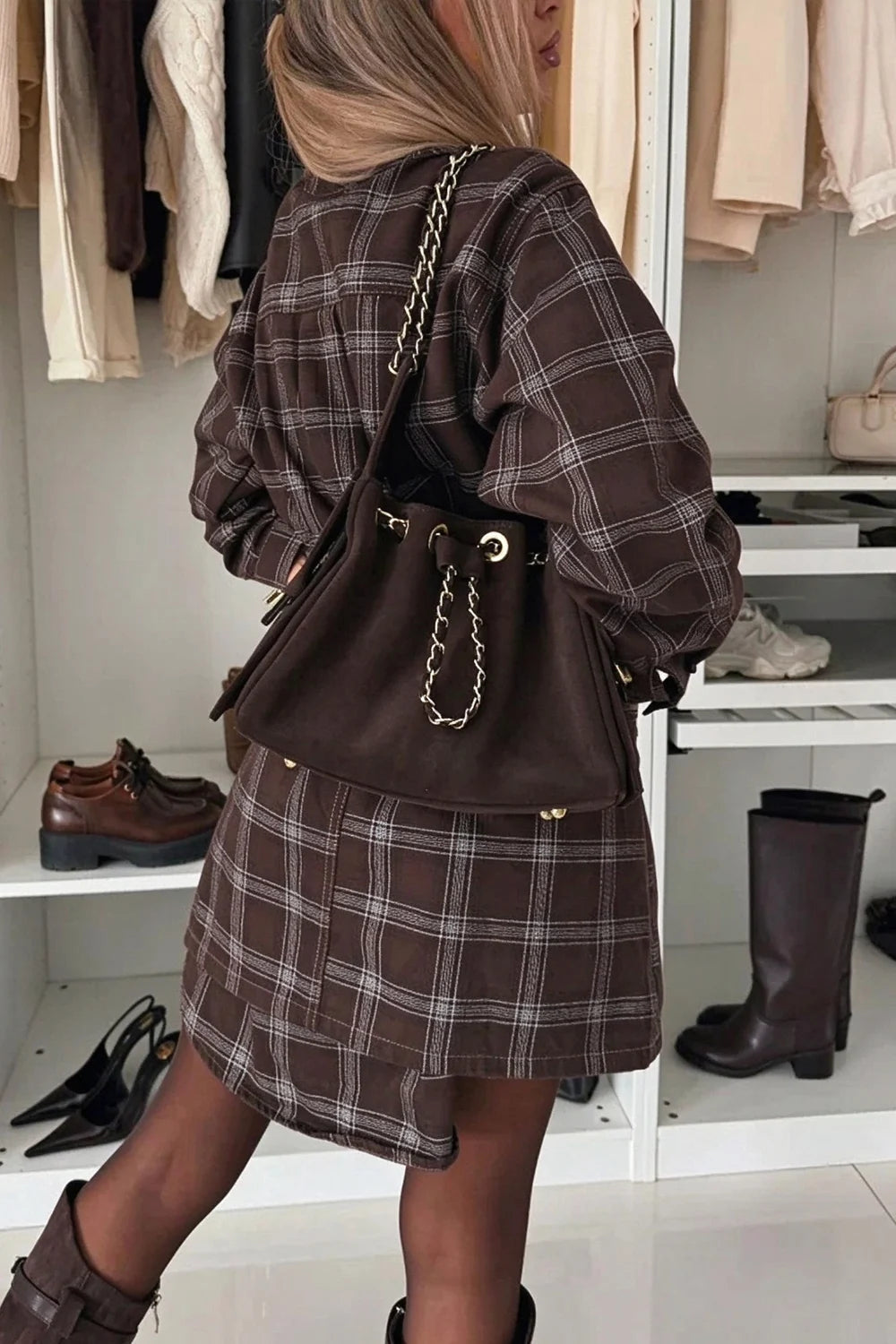 Women's Brown Plaid Long Sleeve Button Down Shirt and Mini Skirt Two Piece Set