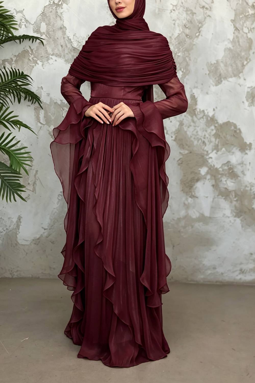 Modest Ruffled Long Sleeve Maxi Evening Dress (Hijab Not Included)