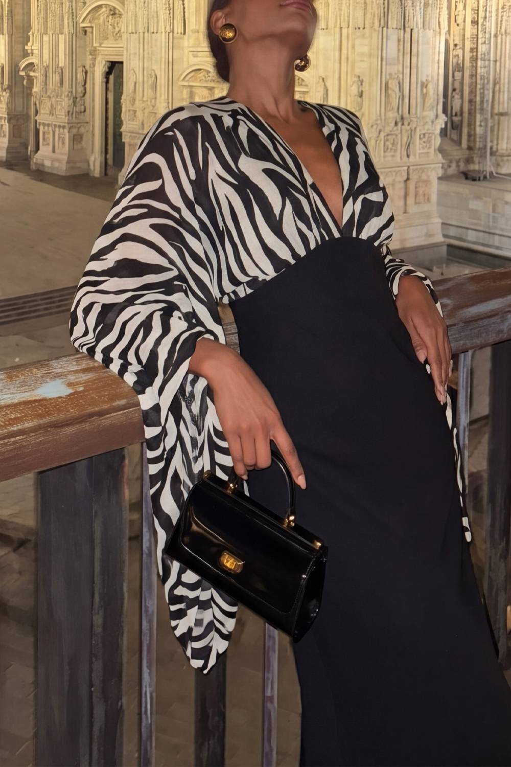 Zebra Print Batwing Sleeve V‑Neck Waist Corset Mermaid Maxi Dress