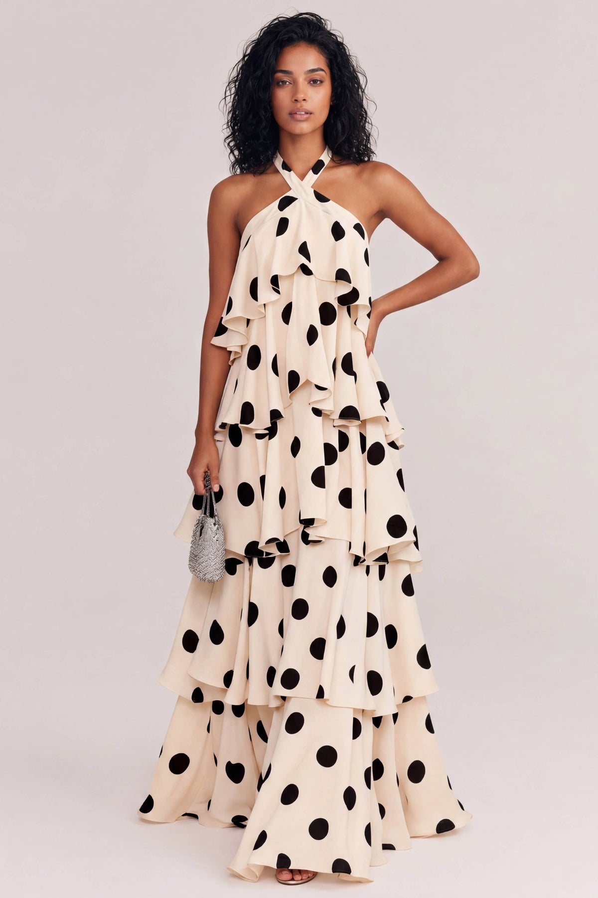 Elegant Halter Neck Polka Dot Tiered Maxi Dress