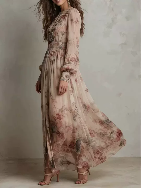 Vintage Floral Lantern Sleeve Waist Slit Chiffon Maxi Dress