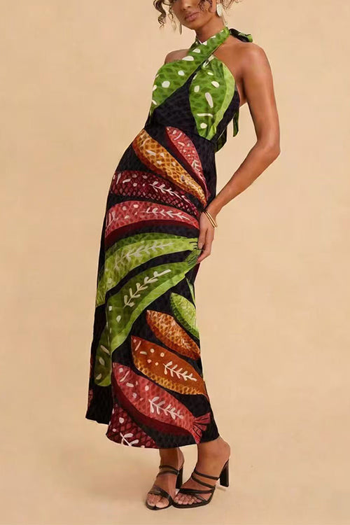 Tropical Leaf Print Halter Neck Midi Dress Women Sleeveless Wrap Summer Maxi Dress