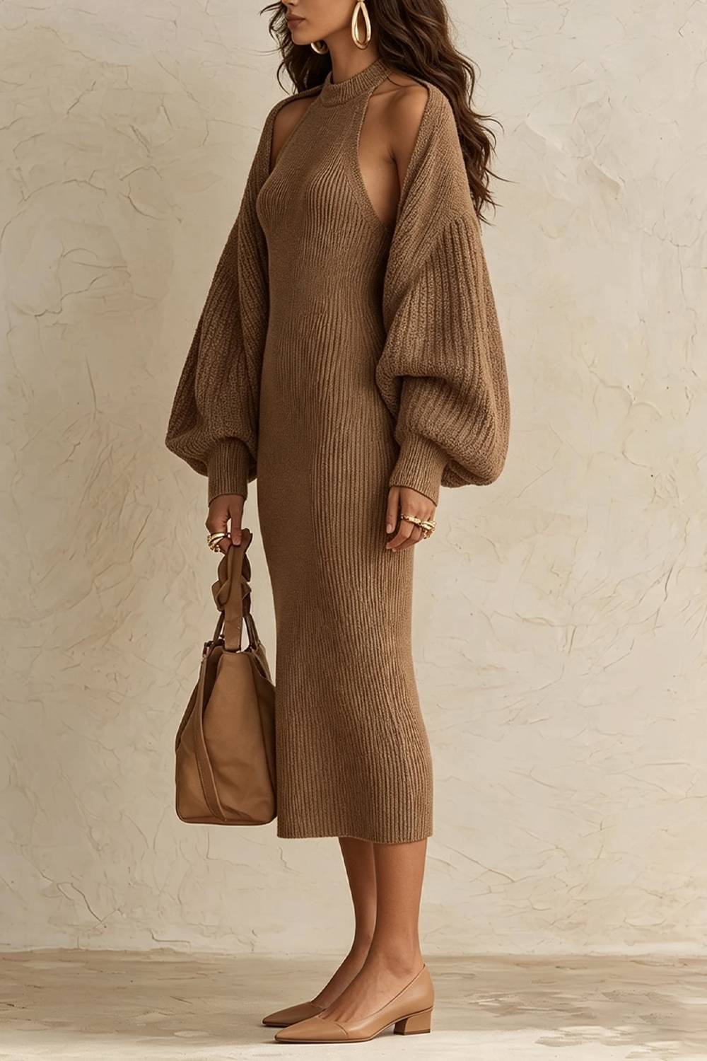 Hanging Neck Knitted Mid-Length Dress Lantern Sleeve Cardigan Two-Piece Set