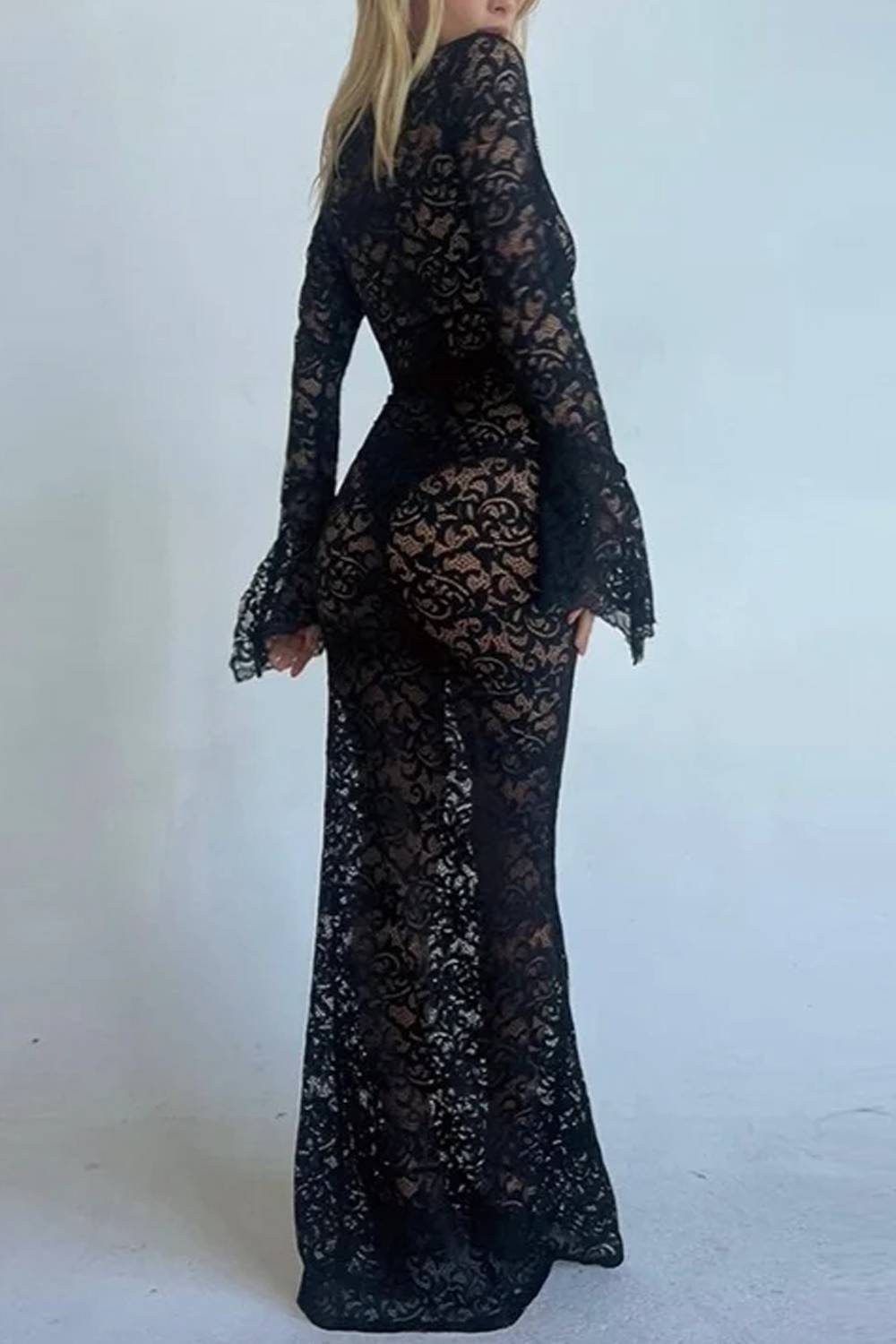 V‑Neck Long Bell Sleeve Lace Sheer Maxi Dress