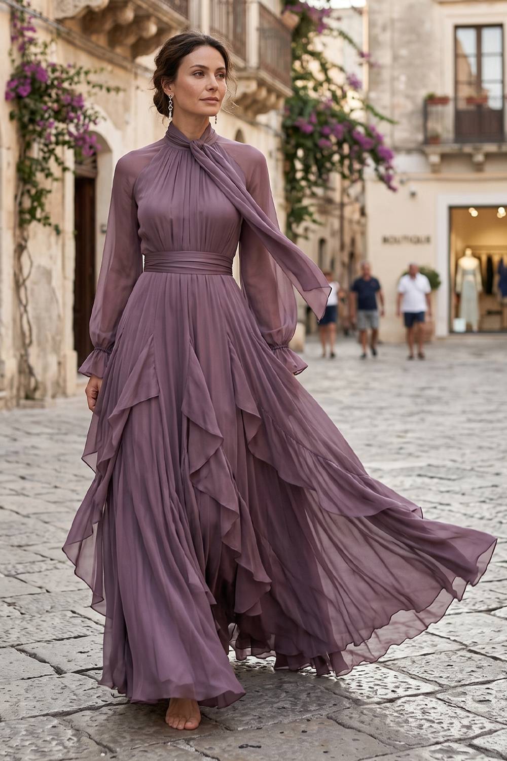 High Neck Tie Bow Sheer Long Sleeve Ruffled Flowy Maxi Evening Gown