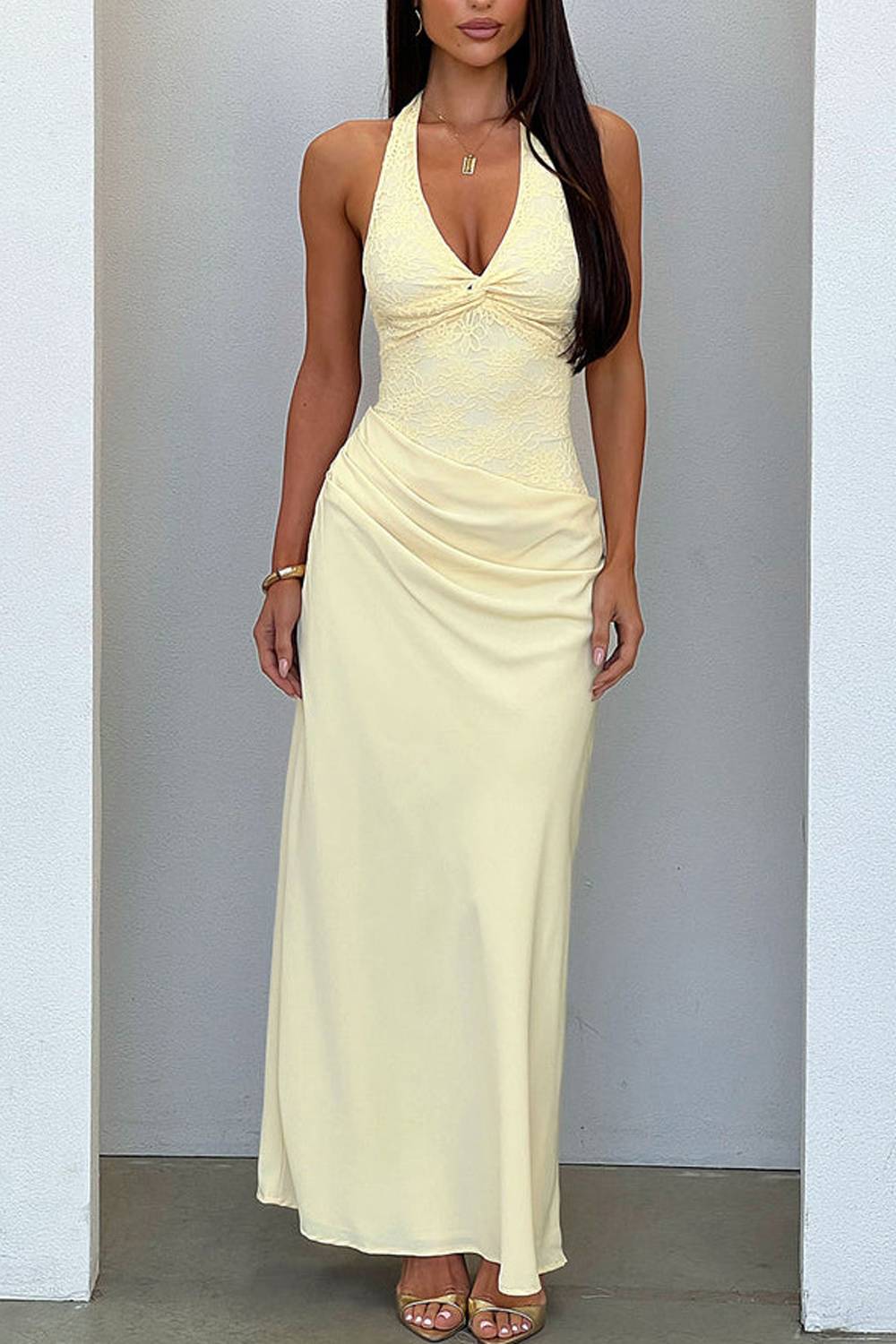 Twist Front Halter Lace Bodice Draped Midi Dress