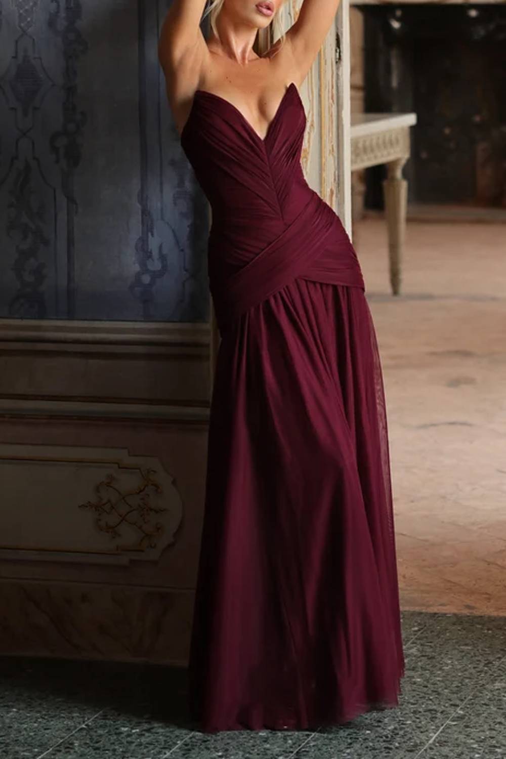 Strapless Deep‑V Ruched Waist Tulle Flowy Maxi Evening Gown