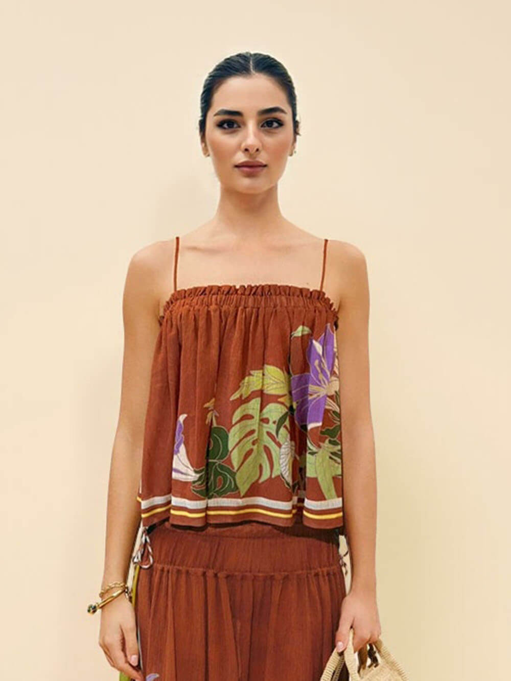 Delicate Ruffle Printed Drawstring Slit Wide-Leg Pants