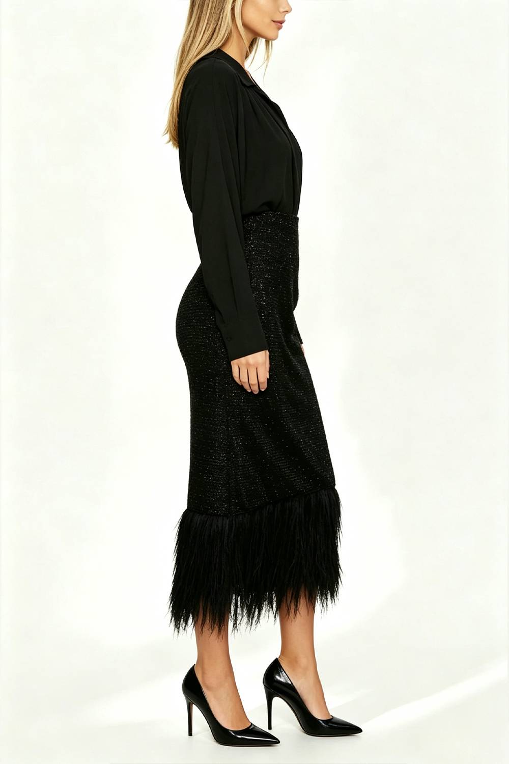 Collared Deep V Long Sleeve Top & Glitter Fringe Midi Skirt Two Piece Set